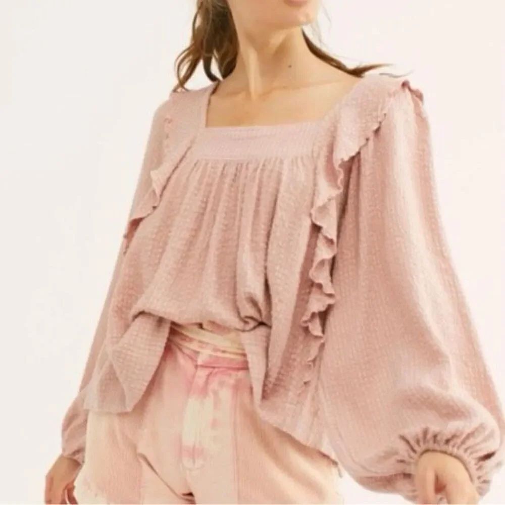 Free People Bonnie Blouse XS Pale Pink Ruffles
